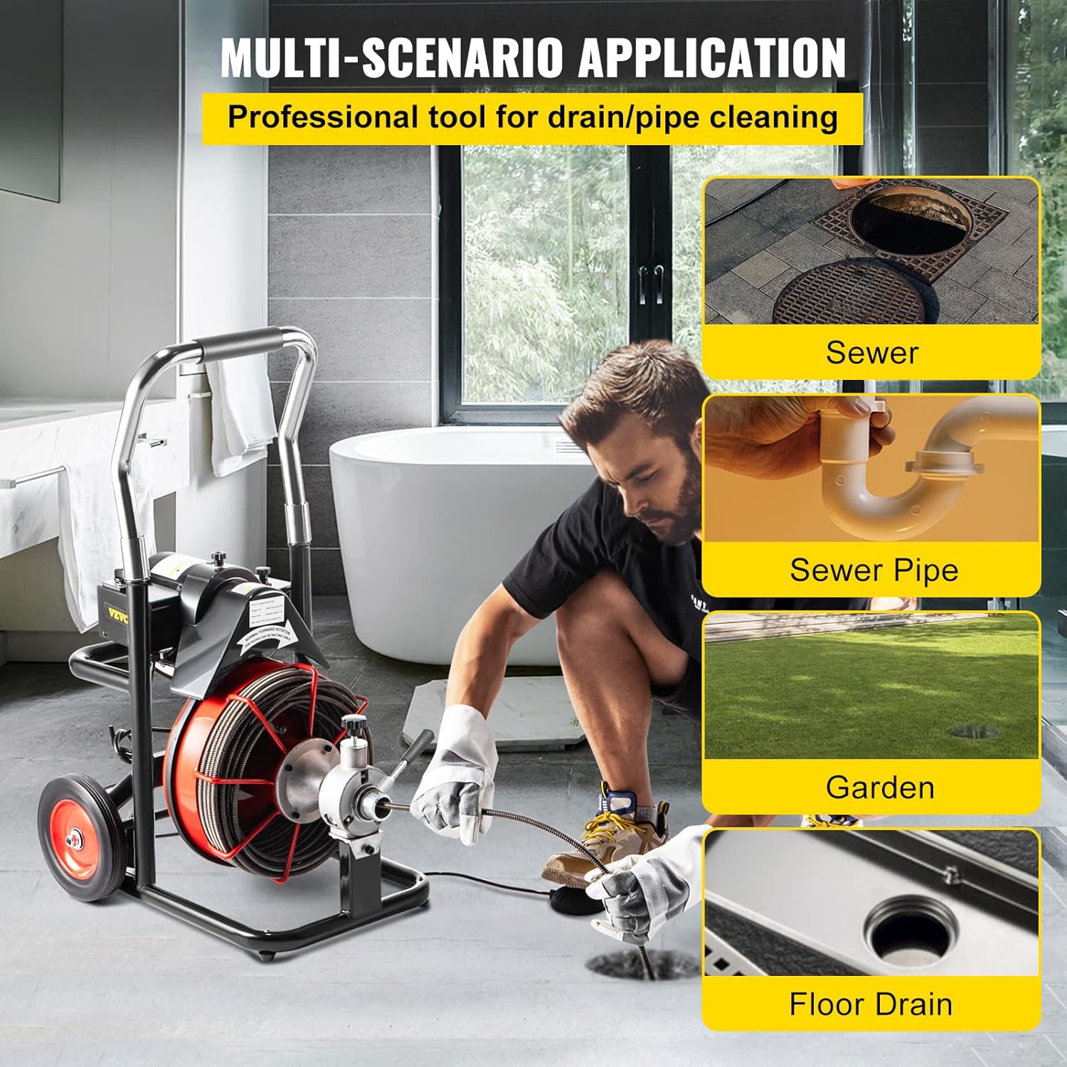 Mophorn 50 Ft x 1/2Inch Drain Cleaner Machine fit 1 Inch (25mm) to 4 Inch(100mm) Pipes 370W Open Drain Cleaning Machine Portable Electric Drain Auger with Cutters Glove Drain Auger Cleaner Sewer Snake