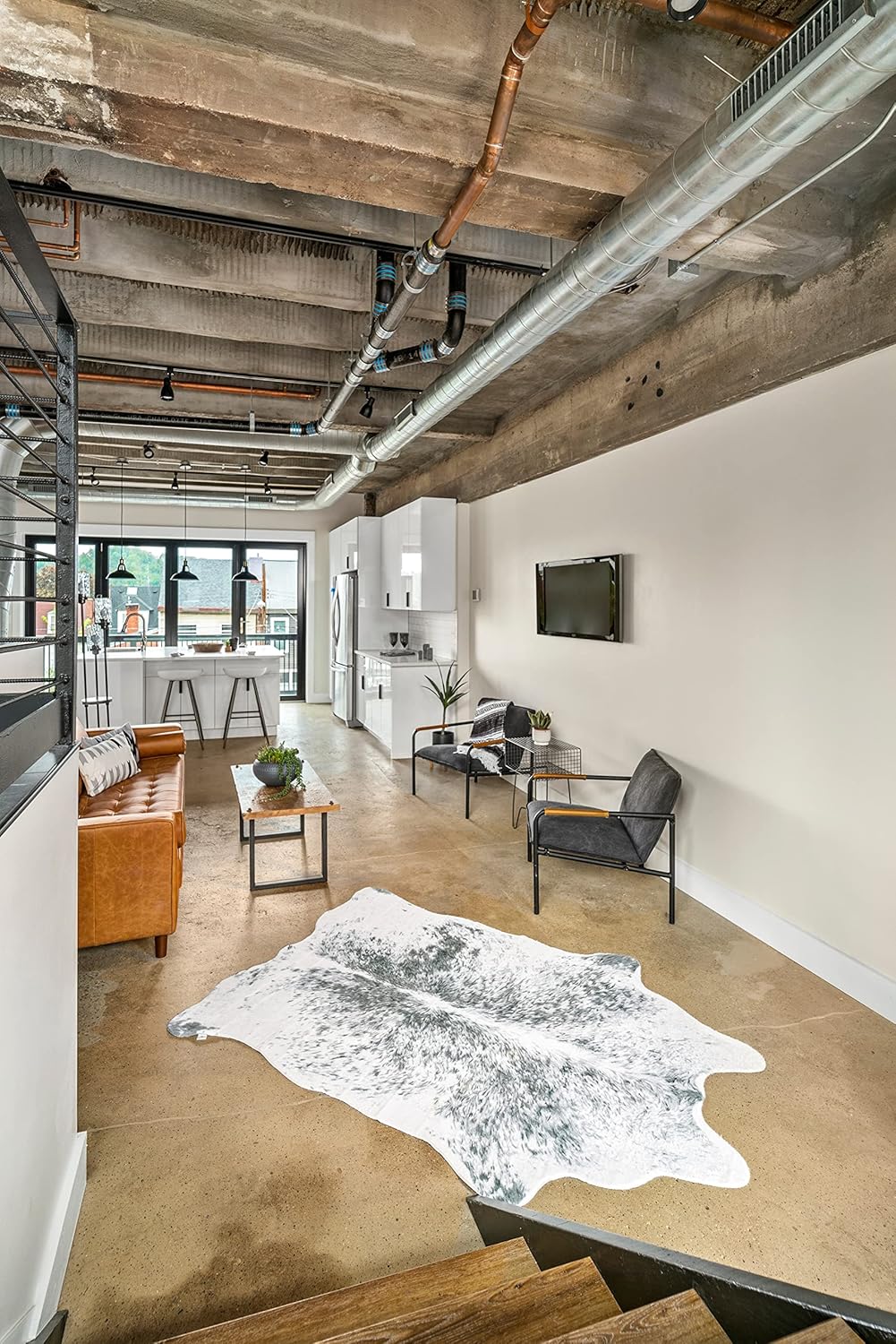 NativeSkins Large Faux Cowhide Rug - Chalk and Board (4.6ft x 6.6ft) - White/Gray Cow Print Area Rug for a Western Boho Decor - Synthetic, Cruelty-Free Animal Hide Carpet with No-Slip Backing