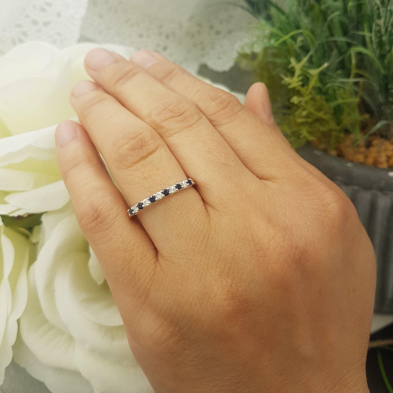 Dazzlingrock Collection 10K Round White Diamond & Blue Sapphire Anniversary Stackable Wedding Band, White Gold