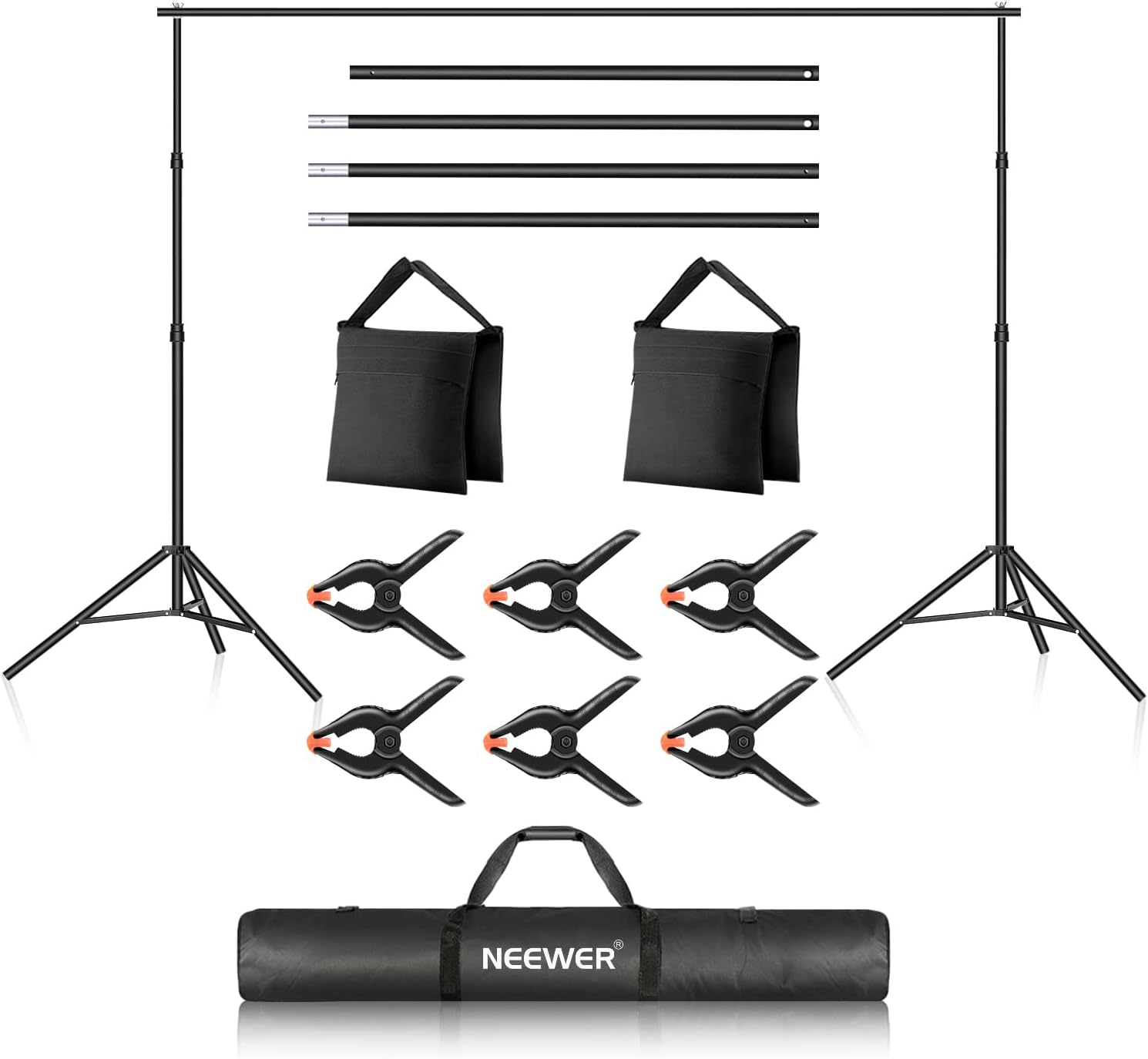Neewer Photo Studio Backdrop Support System, 10ft/3m Wide 7ft/2.1m High Adjustable Background Stand with 4 Crossbars, 6 Backdrop Clamps, 2 Sandbags, and Carrying Bag for Portrait & Studio Photography