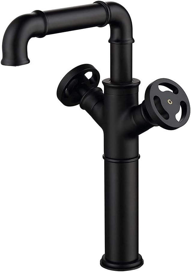 KunMai Industrial Pipe Bathroom Vessel Sink Faucet Matte Black, 1-Hole 2-Handle Solid Brass Bathroom Sink Faucet