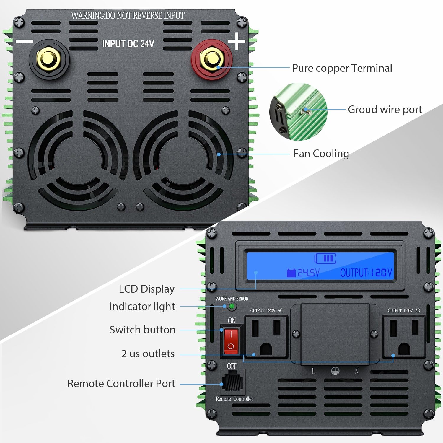 EDECOA 3000W 24V Power Inverter Modified Sine Wave DC 24V to 110V 120V AC Converter with Remote Controller and Hardwire Terminal LCD Display