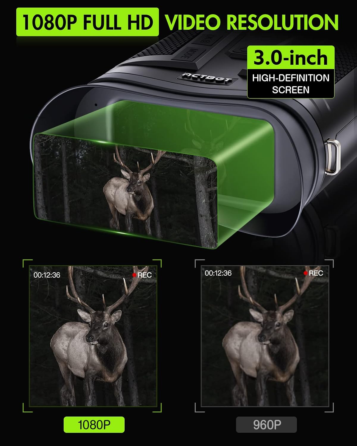 ACTBOT Night Vision Goggles, 1080p Full HD Video, 3264 x 2448 Photos, 42MM Objective Lens, 1312ft Viewing Range, 3”LCD Digital Night Vision Binoculars for Hunting, Camping, Security, Water-Resistance