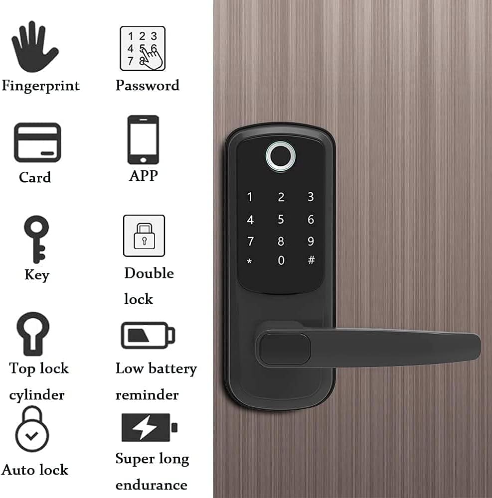 Keyless Entry Door Lock, Gimkok 5-in-1 Fingerprint Door Lock with Reversible Handle, Door Lock with Keypads for Home, Office, House Rental, Use APP, IC Card, Anti-peep Code Door Lock Handle (Black)&hellip;