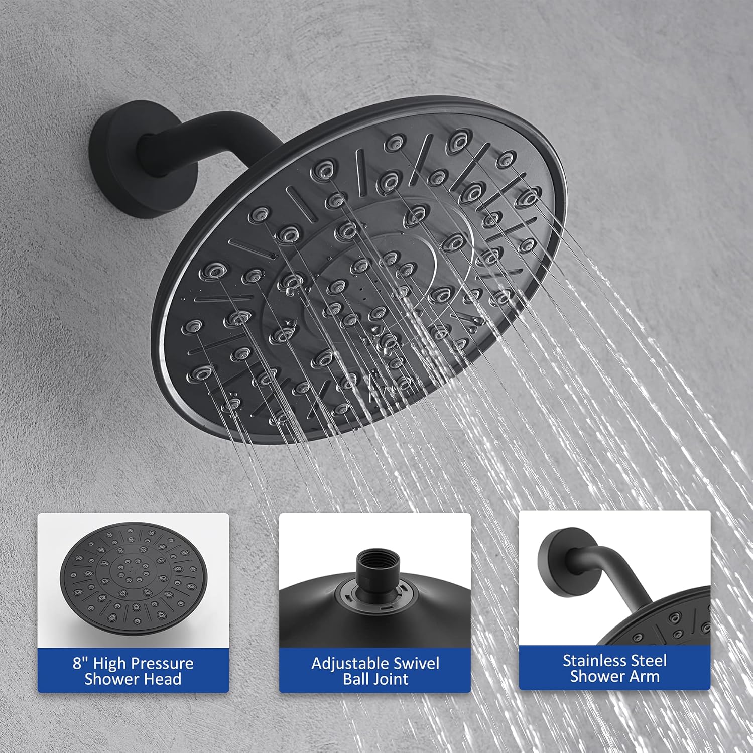 NAVALYA Shower System, 8'' Bathroom Shower Set with Rainfall Showerhead & Handheld Shower Head, High-Pressure Wall Mounted Shower System Included Rough-in Valve & Trim Kit, Matte Black