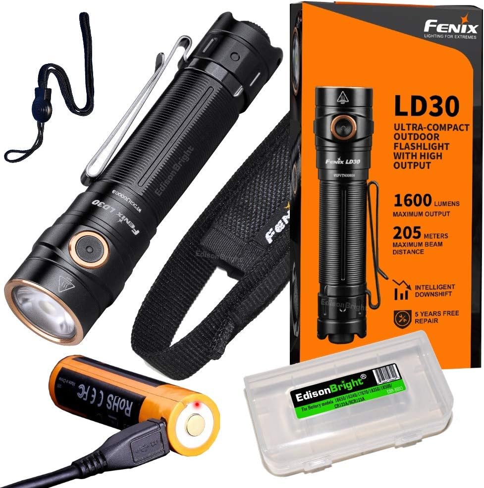 Fenix LD30 1600 Lumen LED Tactical Flashlight, 3500 mAh Rechargeable Battery with EdisonBright Battery Carry case Bundle Pack of 2