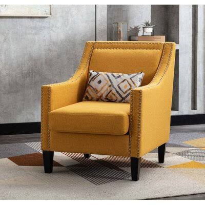 Accent Armchair Living Room with Nailheads and Solid Wood Legs Navy Linen Red Barrel Studio Fabric: Yellow Linen Blend