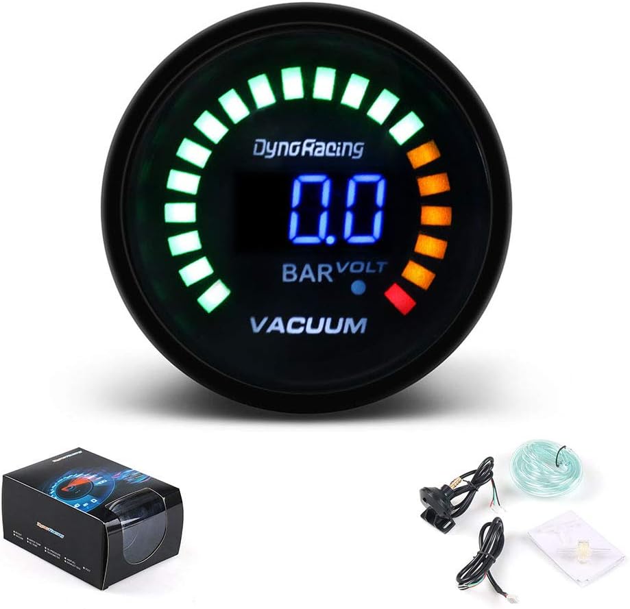Dyno Racing 2 Inch 52mm LEDs Digital Car Vacuum -1-0 Bar Meter Racing Smoke Vacuum Gauge Analog Car Meter