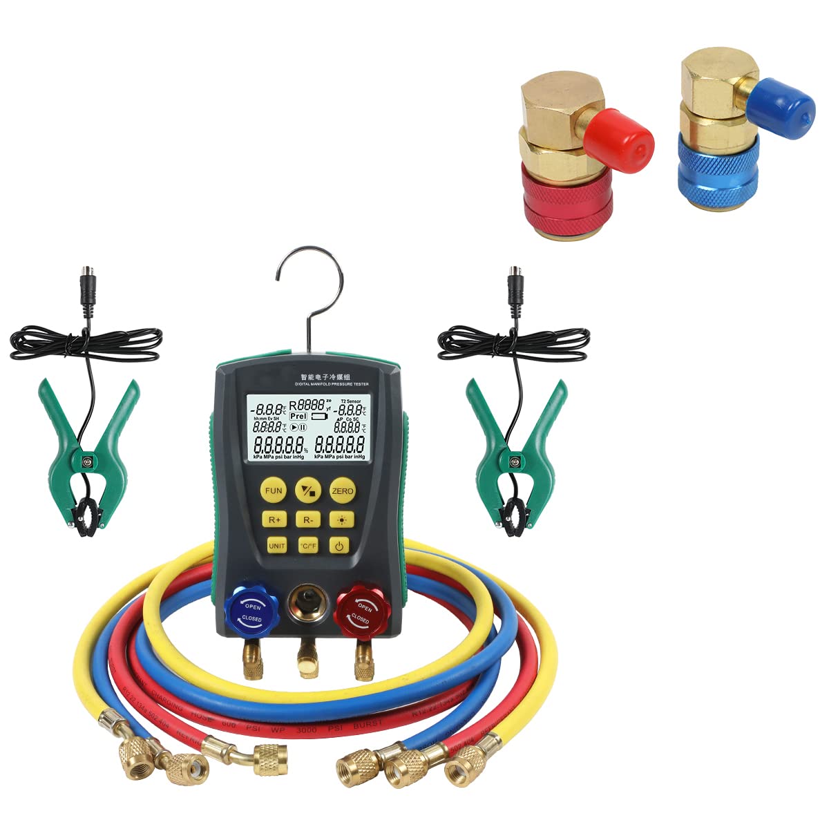 Refrigeration Digital Manifold Gauge Set, HVAC Tools for 89 Kind of Refrigerant, High/Low R134a AC Quick Coupler Adapter