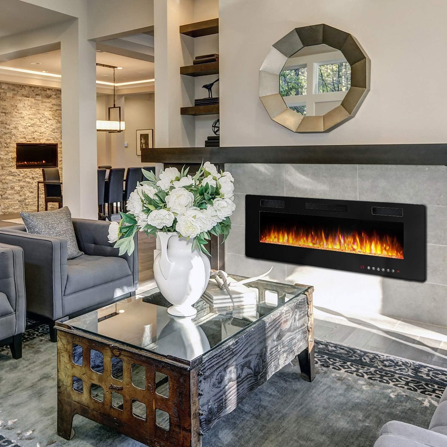 BOSSIN 50 inch Ultra-Thin and Silence Linear Fireplace, Recessed Electric Fireplace and Wall Mounted & in-Wall Fireplace, Adjustable Flame Colors & Speed,Touch Screen Remote Control with Timer(50”)