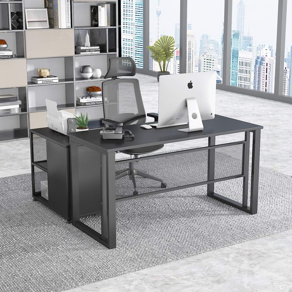 Computer Desk Office Desk with File Cabinet, Tribesigns 55 inch L-Shaped Executive Desk Table with Storage Mobile Printer Filing Stand, Black
