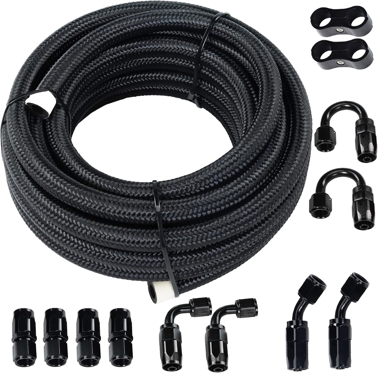 Takilma 6AN Fuel Line Kit 3/8 Fuel Line Kit 20FT CPE Braided Fuel Line Fitting Kit Nylon Stainless Steel Hose Black