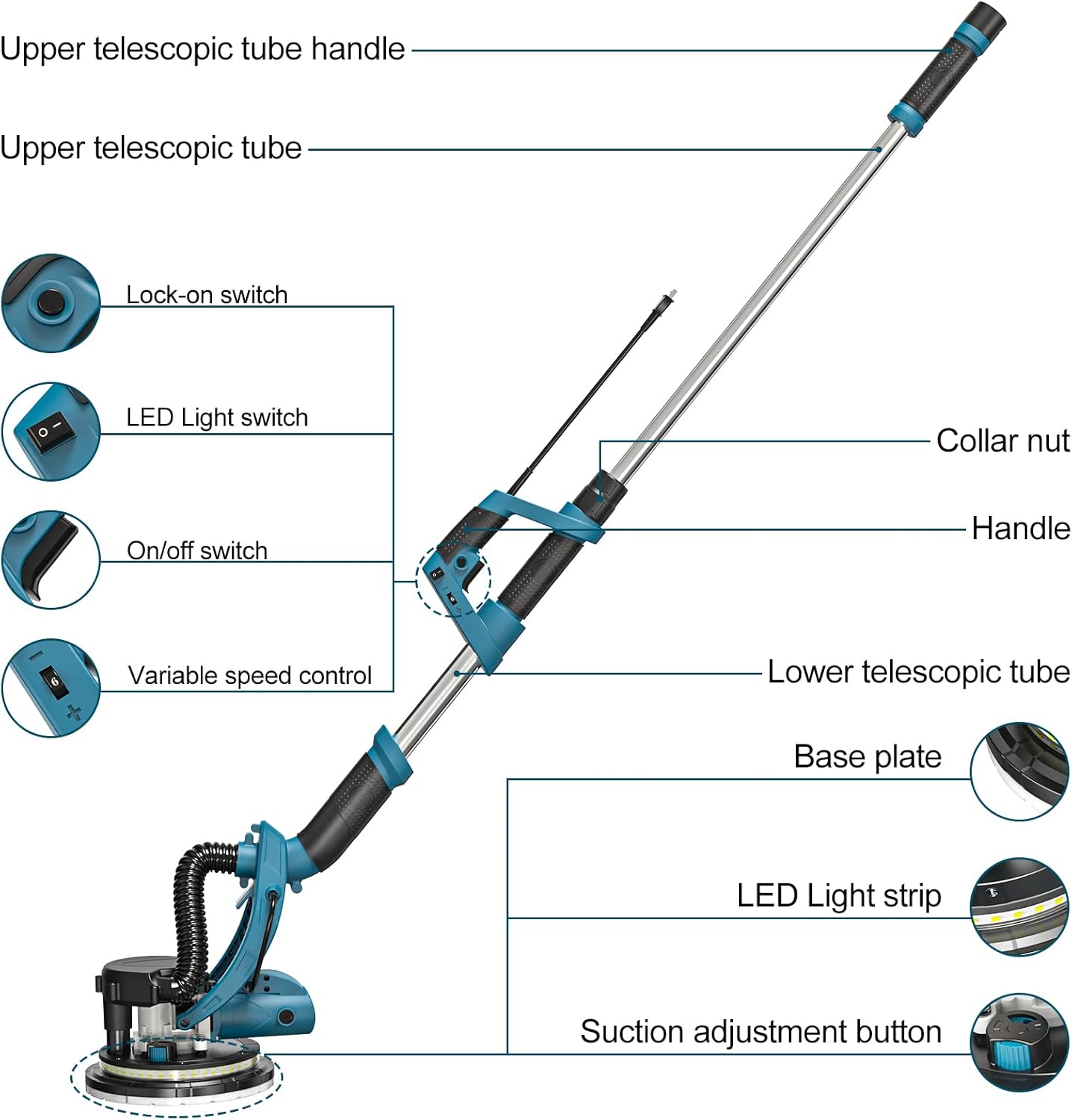 WESCO Drywall Sander 750W Electric Wall Sander with Dust Hose Auto Vacuum System 6 Variable Speed Extendable Aluminum Handle LED Light Dust Collection Bag 12-Piece Sanding Discs
