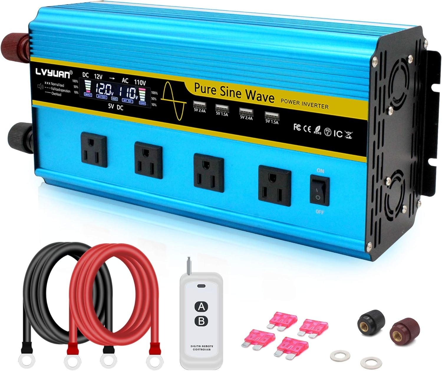 LVYUAN Pure Sine Wave Inverter 3000 Watt Inverter 12V to 110V DC to AC with Remote Controller, LCD Display 4 AC Sockets and 4 USB Ports for Car Truck Solar Power (3000W with Remote Controller)