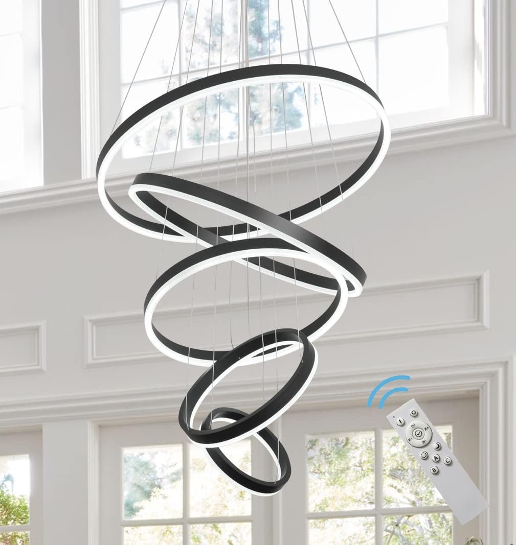 Meenyo Modern Black Chandeliers 5 Ring Led Chandelier Lighting Dimmable Luxury Contemporary Ceiling Pendant Light Fixtures for High Ceiling Living Room Foyer D23.6 inch