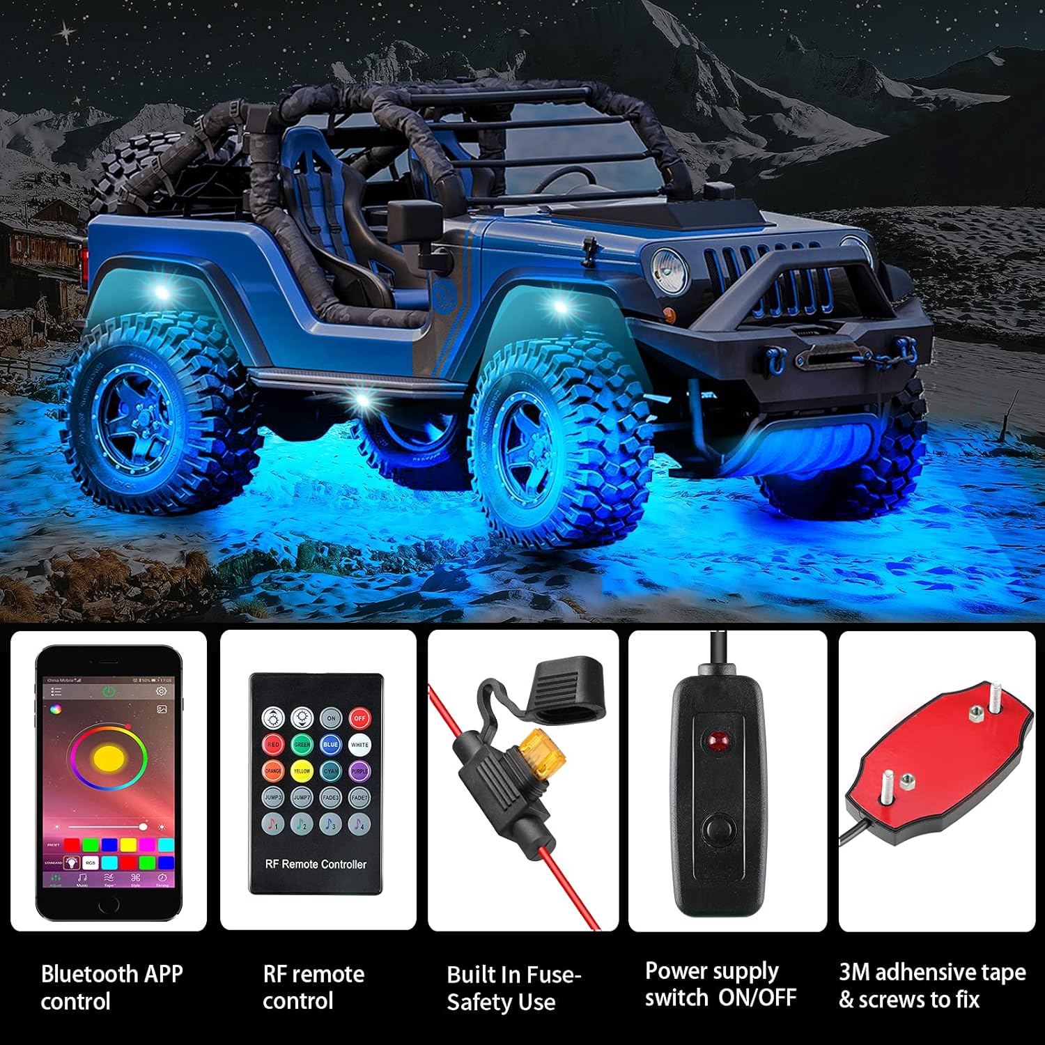 SINOSPARK Car Underglow Rock Lights RGBW Neon Accent Lights Kit APP RF Remote Control Music Sync Waterproof Offroad Under Car LED Lights Car LED Wheel Lights for Truck Jeep 8 Pods