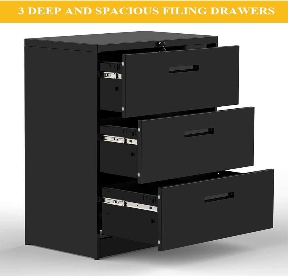Lateral File Cabinet with 3 Drawer Lockable Metal File Cabinet Heavy Duty Filling Cabinet,Black,Assembly Needed