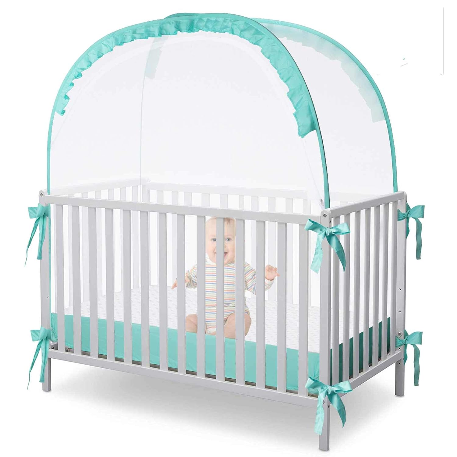 L RUNNZER Baby Crib Tent to Keep Baby from Climbing Out,Pop Up Crib Tent to Protect Your Baby from Falls and Bite,See Through Mesh Top Nursery Net Pack of 2