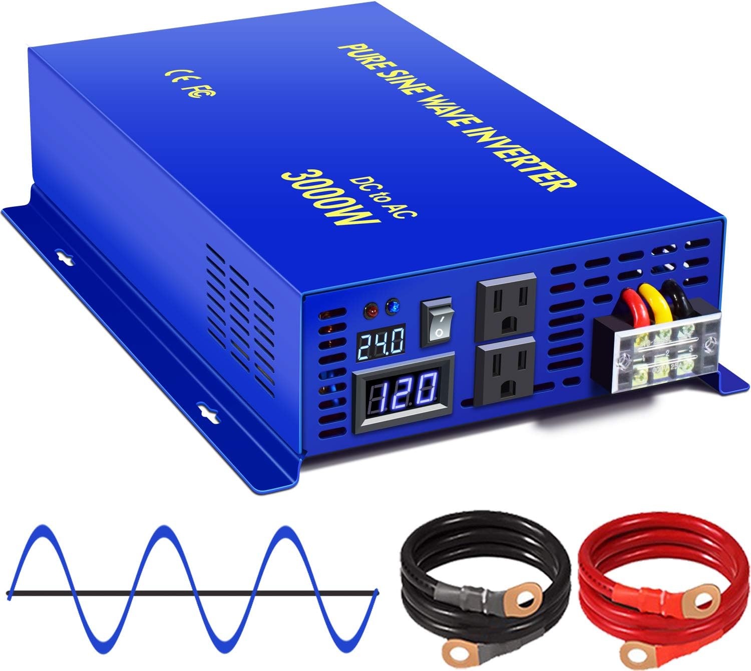 XYZ INVT 3000W Pure Sine Wave Power Inverter 24V DC to 110v 120V AC with 2 AC Outlets 2 Sets of Battery Cables, Power Converter for Home Solar System, RV, Camping.(3000W24V)