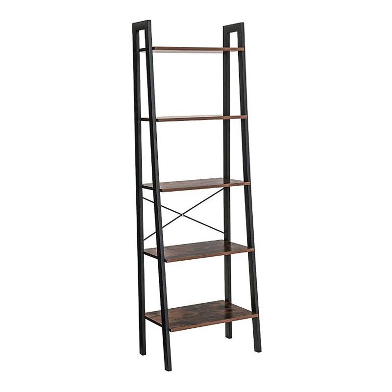 Five Tiered Rustic Wooden Ladder Shelf with Iron Framework Brown and Black