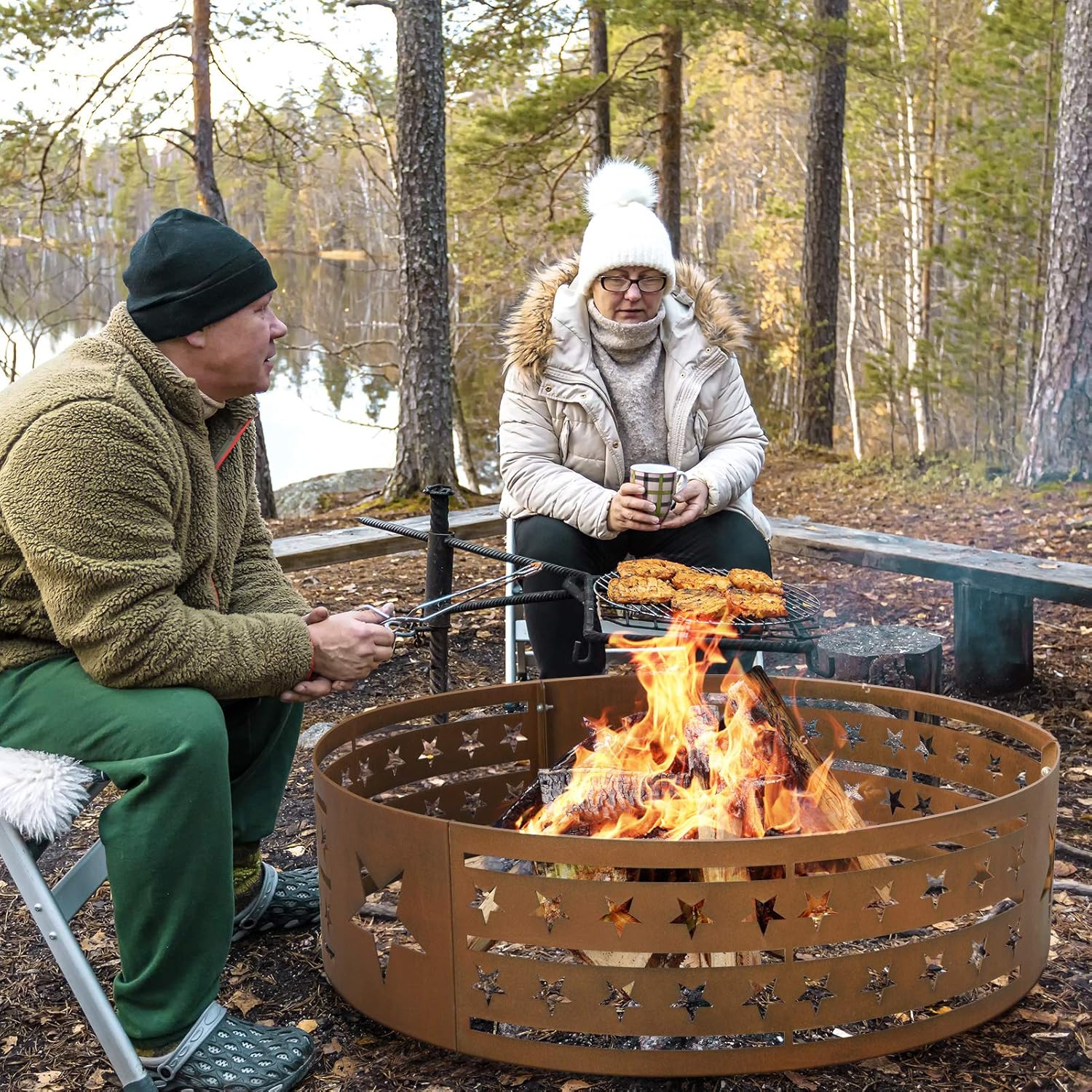 AMAGABELI GARDEN & HOME Fire Pit Outdoor Cast Iron Wood Burning Fire Bowl 28in with A Drain Hole Fireplace Extra Deep Large Round Outside Backyard Deck Camping Heavy Duty Metal Grate Rustproof BG368