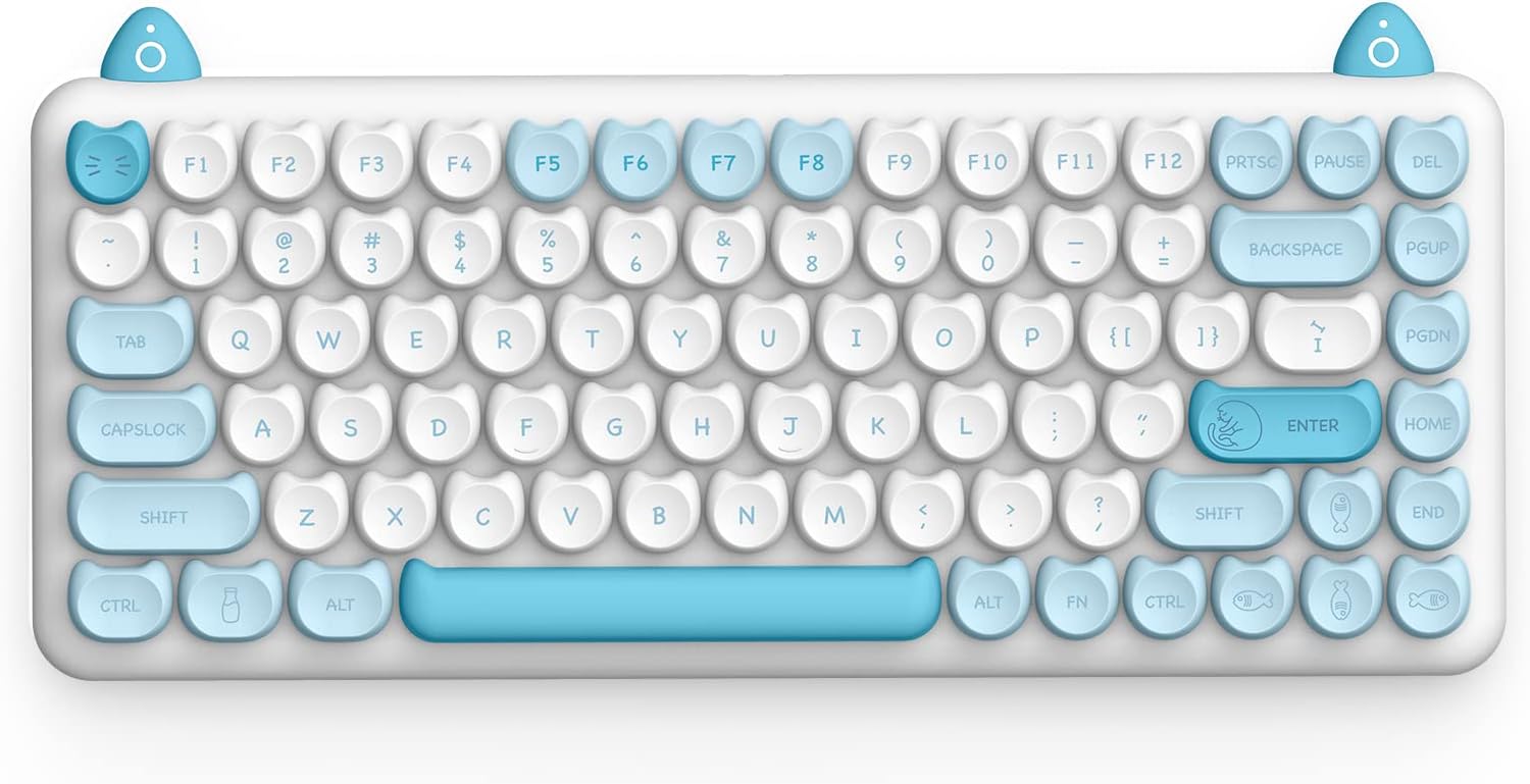 IQUNIX M80 Purry Cat Wireless Mechanical Keyboard, Wireless/Wired USB Rechargeable Bluetooth Keyboard 84 Keys Kailh Blue Switches with White LED Backlit for Windows/Mac/Android/iOS