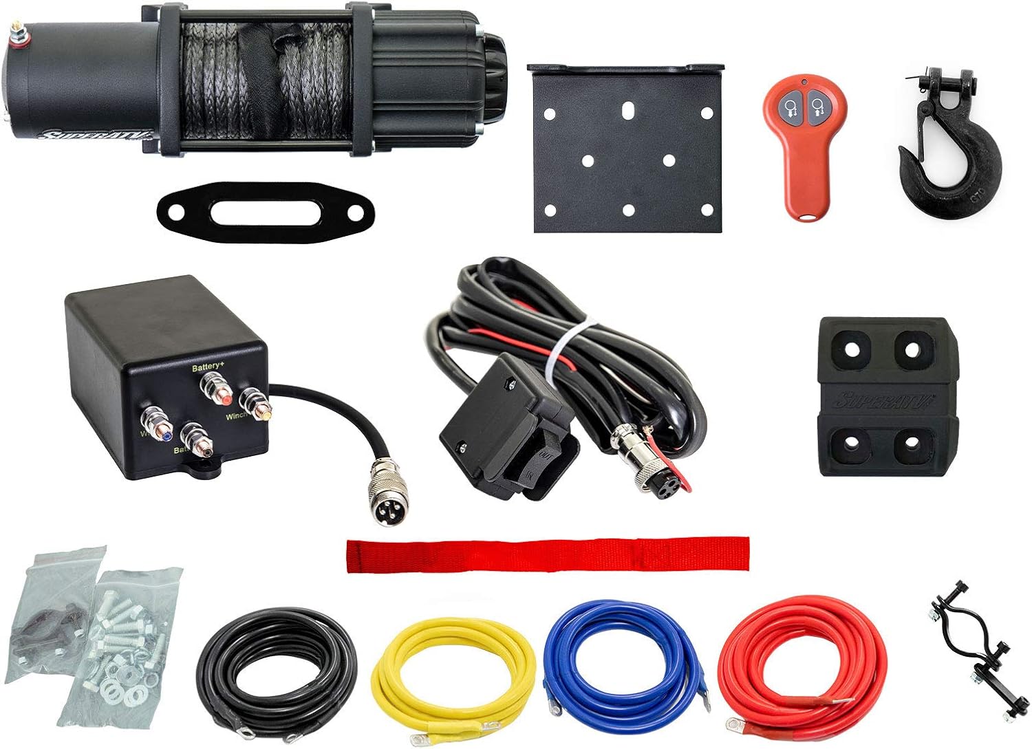 SuperATV 6000 LB Black Ops Winch with Winch Mounting Plate for 2016+ Honda Pioneer 1000/1000-5 / Deluxe | 2017+ Pioneer 1000 Limited Edition / 1000-5 Limited Edition | 3/16