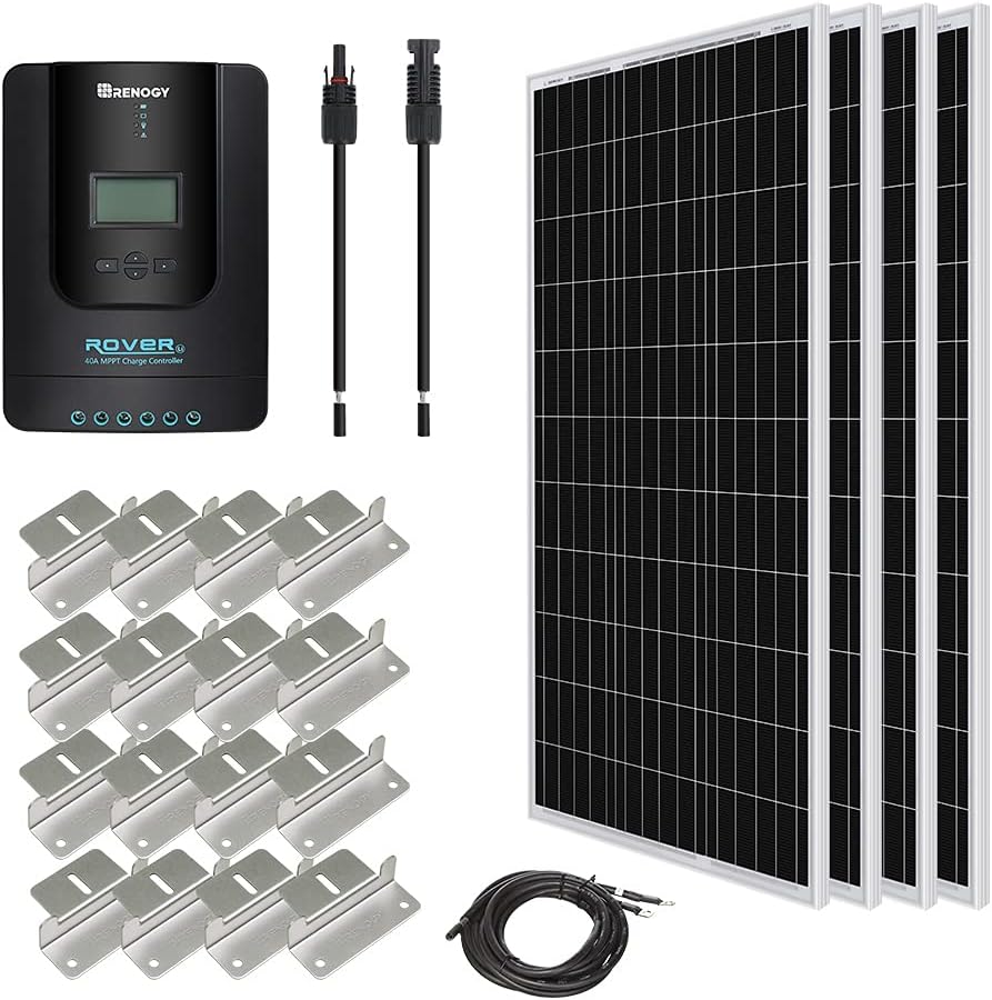Renogy 400 Watt 12 Volt Premium 4 Pcs 100W Panel+40A MPPT Charge Controller+ Bluetooth Module Fuse+ Mounting Z Brackets+Adaptor Kit +Tray Cables Set, 400W, Grid 12V Solar Power System