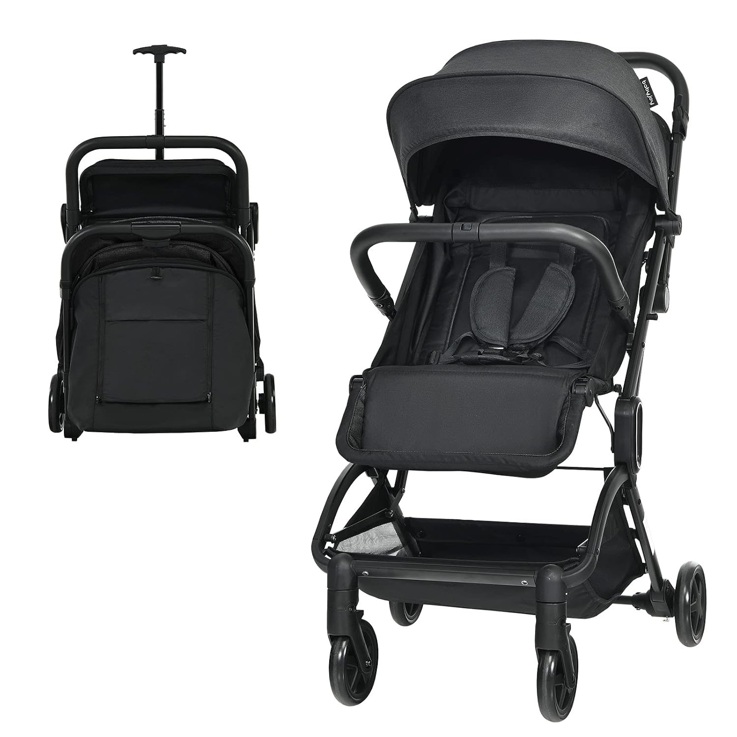 BABY JOY Lightweight Baby Stroller, Infant Stroller w/Easy One-Hand Fold, Adjustable Backrest/Footrest/Canopy, 5-Point Harness & Storage Basket, Compact Toddler Travel Stroller for Airplane (Black)