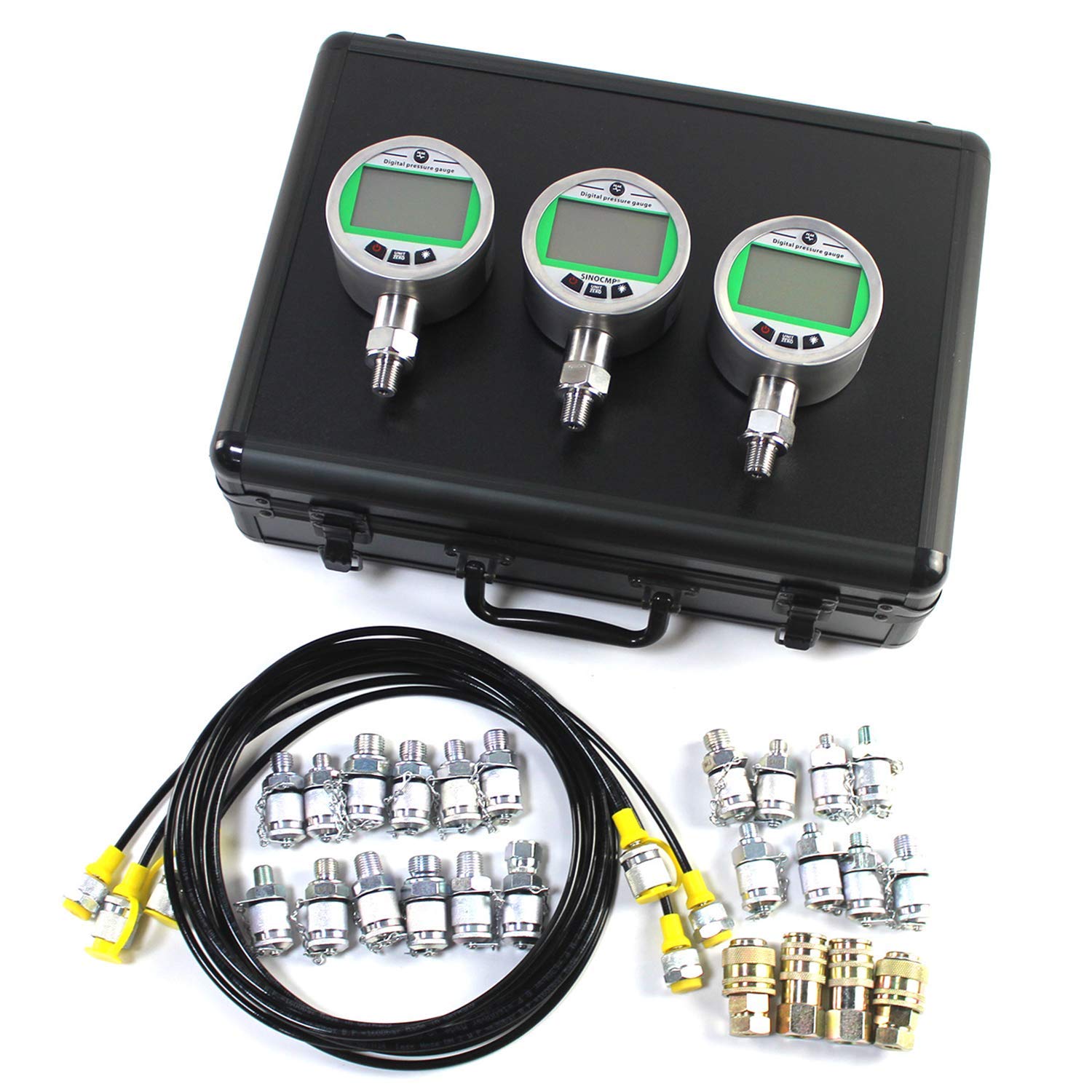 SINOCMP 70P 16P Digital Pressure Gauge Kit with 3 Pressure Gauges 3 Test Hoses and 24 Couplings Hydraulic Gas Water Pressure Test Kit with Backlight for CASE Komatsu Excavator Construction Machinery