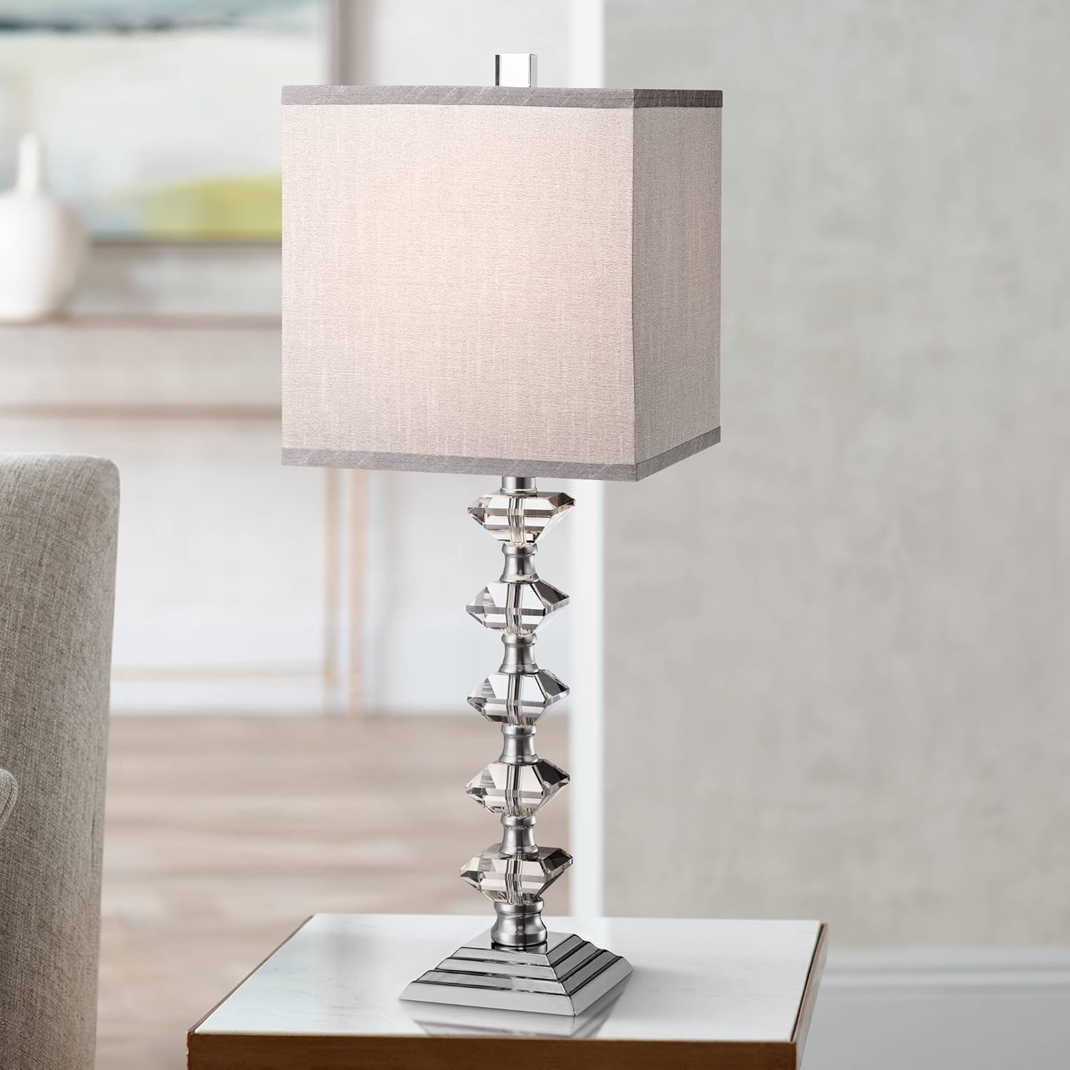 Modern Contemporary Table Lamp Stacked Clear Crystal Glass Cubes White Fabric Tapered Drum Shade Decor for Living Room Bedroom House Bedside Nightstand Home Office Family - Vienna Full Spectrum