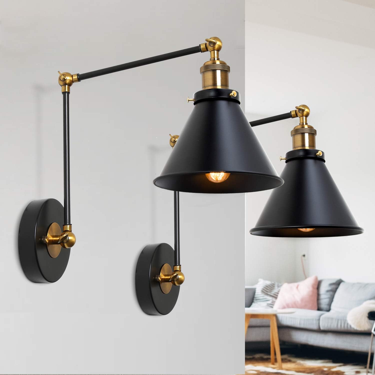 Swing Arm Wall Lamp, Plug-in or Hardwire Sconces Wall Lighting, Antique Brass and Black Matte Finish (2 Pack)