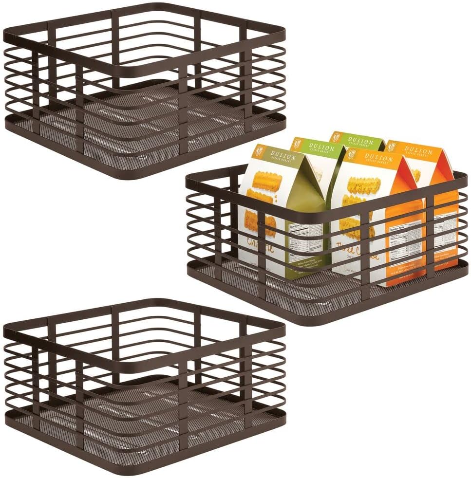 mDesign Modern Decor Metal Wire Food Organizer Storage Bin Baskets for Kitchen Cabinets, Pantry, Bathroom, Laundry Room, Closets, Garage - 3 Pack - Black Pack of 2