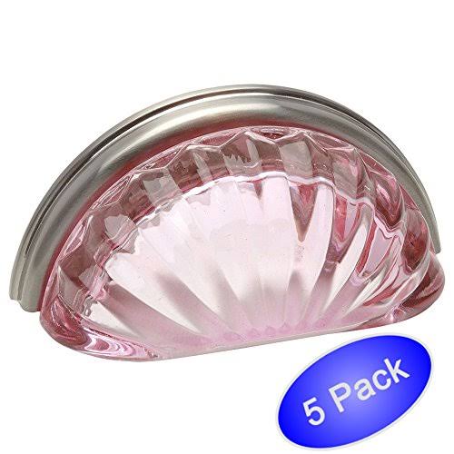 Cosmas 6381SN-P Satin Nickel with Pink Glass Cabinet Cup Pull - 3x22 Hole Centers - 5 Pack