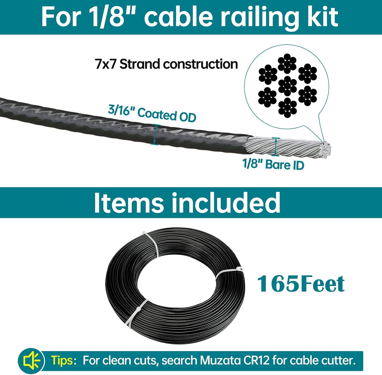 Muzata 165ft Black Vinyl Coated Wire Rope 1/8