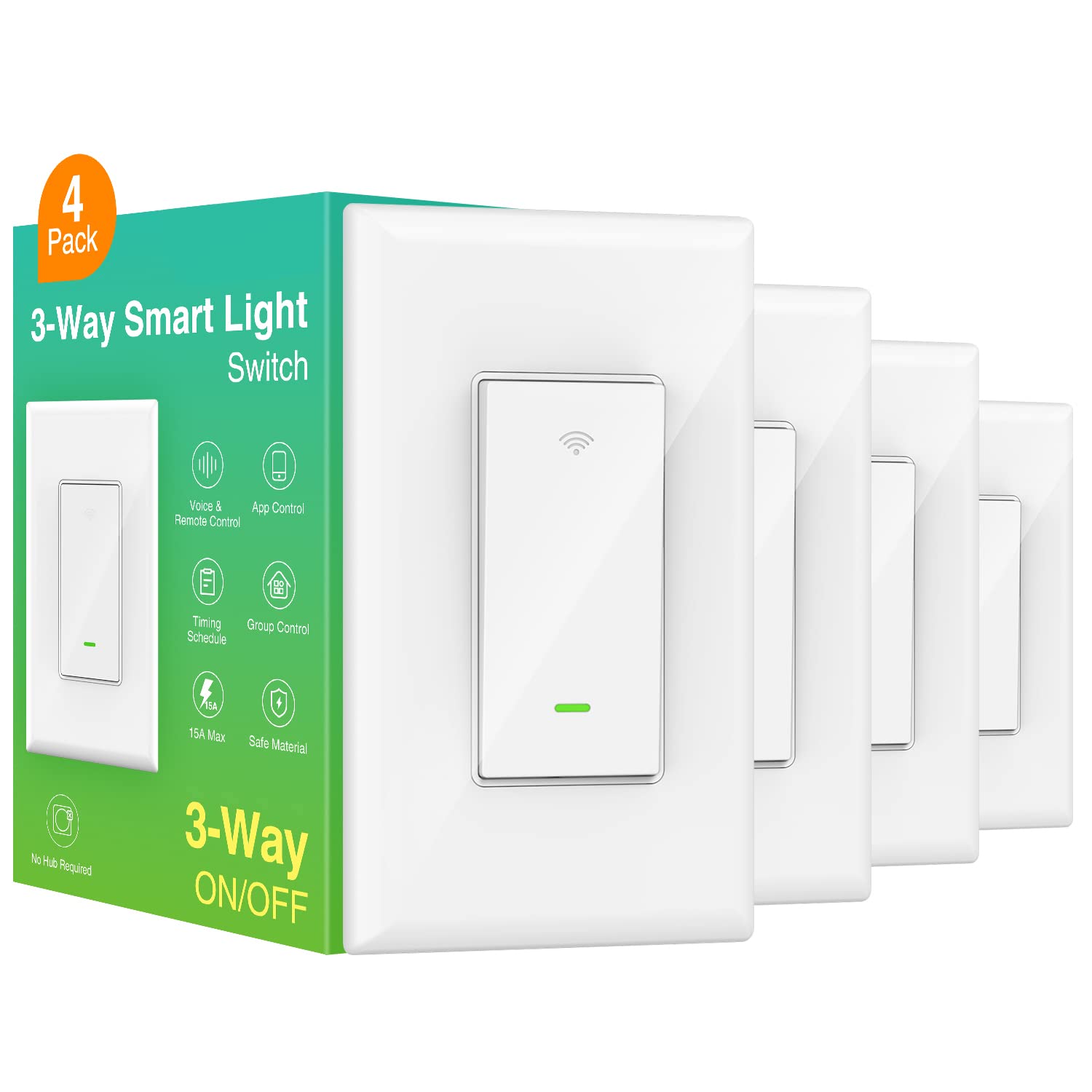 Smart Switch, 3 Way Wi-Fi Light Switch Compatible with Alexa and Google Home, 2.4GHz Schedule Timer, Neutral Wire Required, 3-Way Installation and No Hub Required, ETL and FCC Listed (4-Pack) Pack of 2