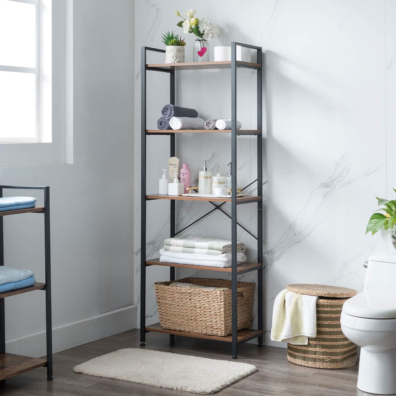 VINEXT Small Bookcase,5-Tier Bookshelf Storage Rack Shelf Unit for Living Room Bedroom Office Kitchen, Industrial Book Shelves Vintage Wood and Metal Bookshelves, Retro Brown