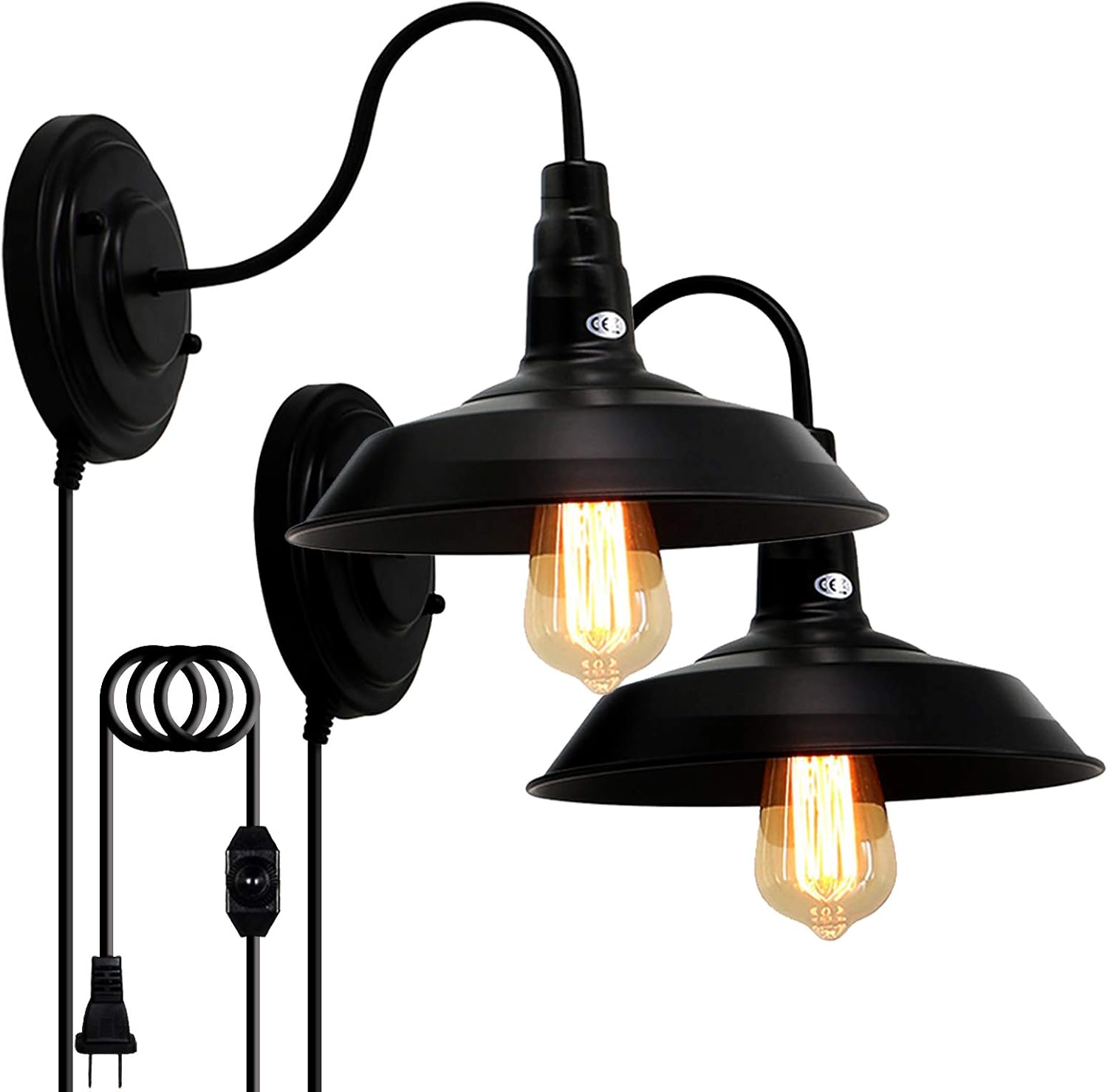 LIGHTESS Plug in Wall Sconce Black with Dimmable Switch, Gooseneck Lighting Industrial Barn Lights Vintage Farmhouse Wall Lamp, CY-8B, Pack of 2
