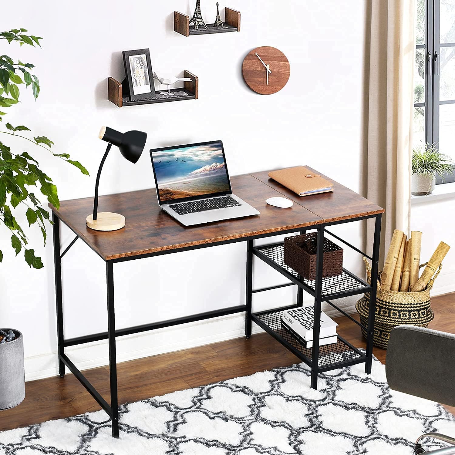 WANSE Computer Desk 47” Study Writing Table for Home Office with 2 Dense Mesh Storage Shelves, Metal Frame+MDF Desktop, Modern Simple Style, Easy Assembly, Rustic Brown+Black,47.2