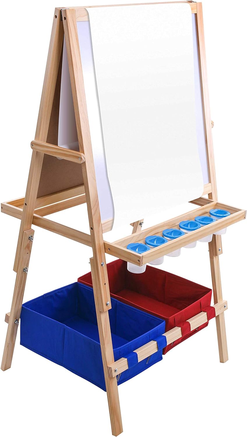 US Art Supply Cardiff Children's Art Activity Easel with Easel Paper Roll, 2 Large Storage Bins and Now 6 No-Spill Child's Paint Cups and Lids