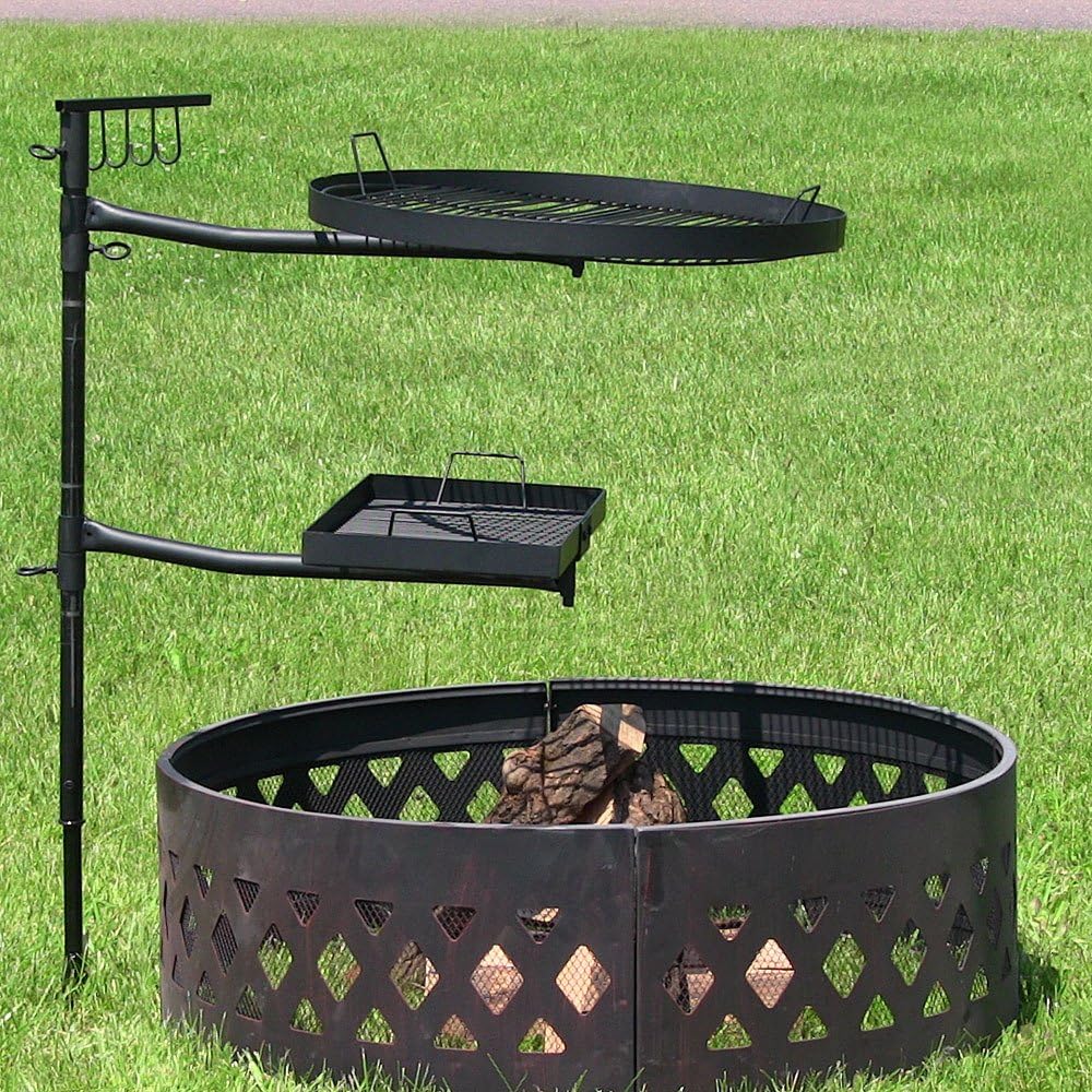 Sunnydaze Dual Campfire Steel Cooking Grill Grate Swivel System - Outdoor Adjustable Fire Pit BBQ Grilling Accessory Set with Stand - Ground Stake with 2 Swing Grates