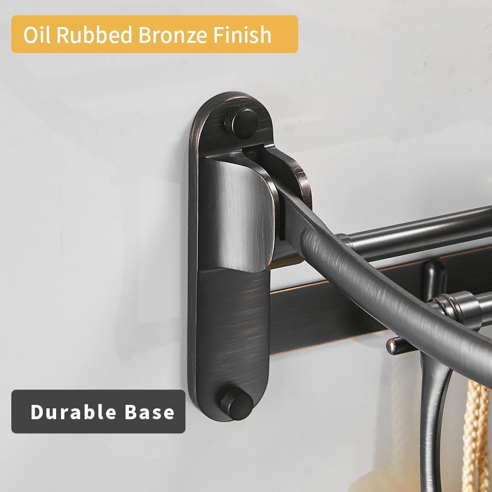 BESy 24 Inch Oil Rubbed Bronze Towel Racks, Bathroom Towel Shelf with Foldable Towel Bar Holder and Towel Hooks, Wall Mounted Multifunctional Double Towel Bars Pack of 2