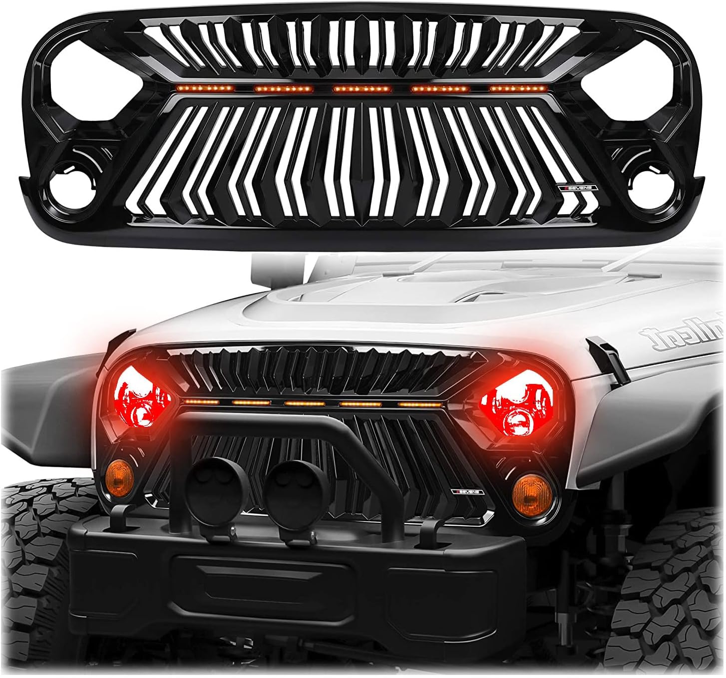 SEVEN SPARTA Front Grill Compatible with Jeep Wrangler JK/JKU 2007-2017 Thunderfury Style with 5 LED Grille Lights, Strip, Clips and Rivets (Painted Gloss Black)