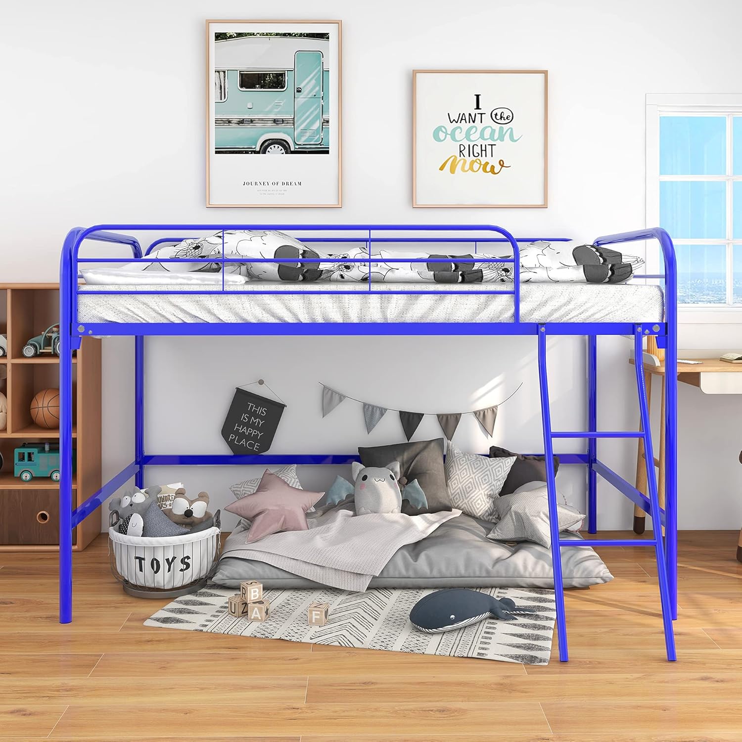 Crocofair Junior Loft Bed Frame with Metal Ladder and Safety Rails (Black)