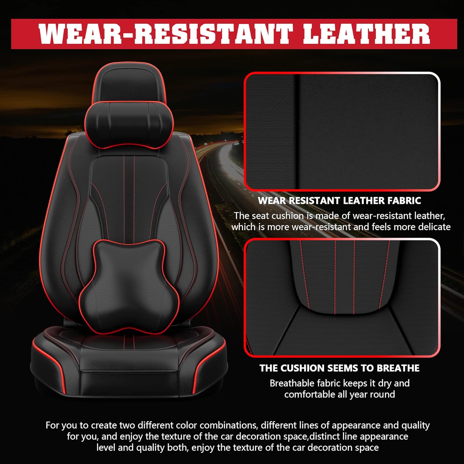 ASLONG 5PCS H7 Front and Back Car Seat Covers Auto Interior Accessories with Water Proof Nappa Leather for Cars SUV Pick-up Truck Universal Comfortable and Breathable (Full Set, Black&Red line)
