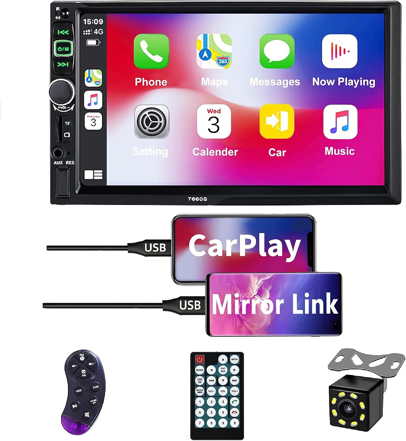 Double Din Car Stereo Audio Receiver Compatible with Carplay and Android Auto, 7-Inch HD Touchscreen with Voice Control, Mirror Link, Backup Camera, Steering Wheel, Bluetooth, AM/FM, USB/TF/AUX Port