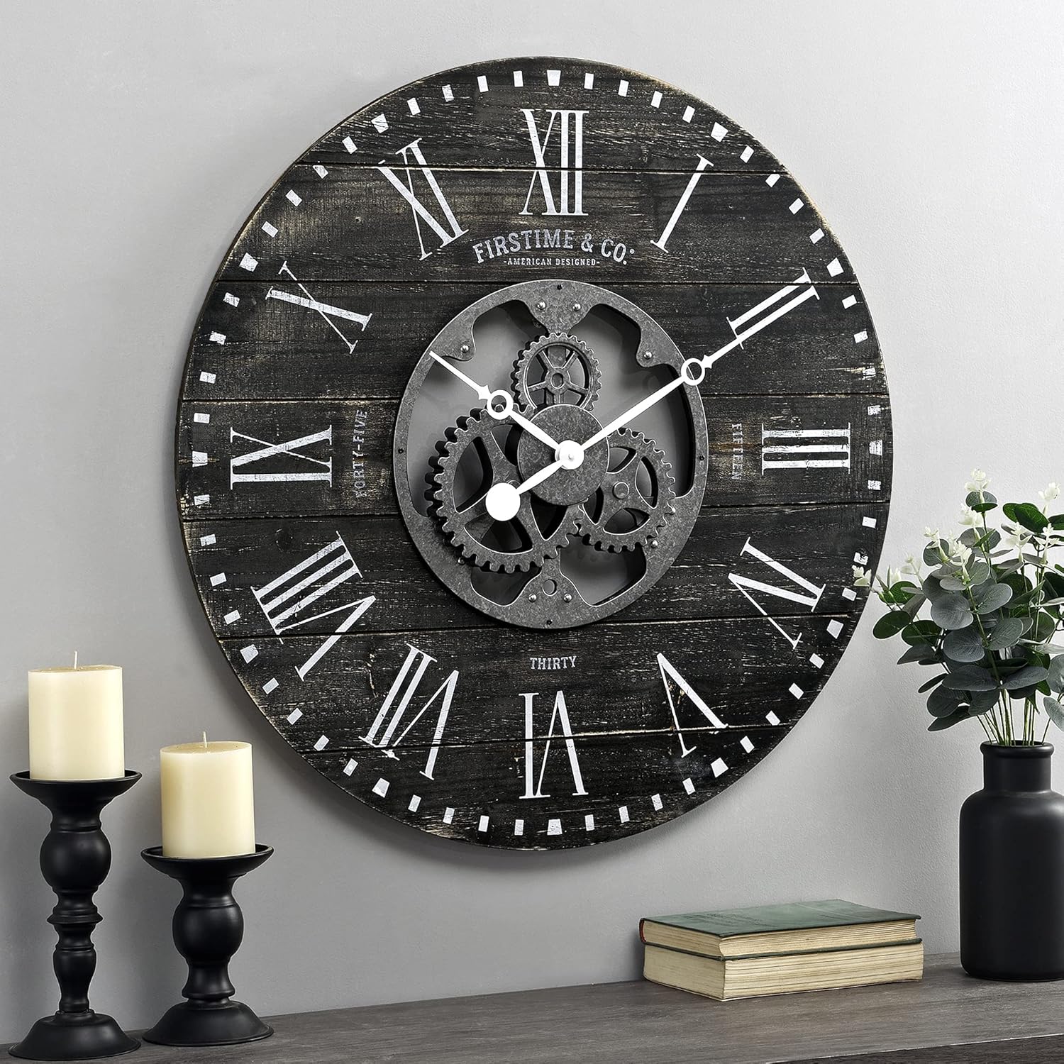 FirsTime & Co.&reg; Black Shiplap Gears Farmhouse Wall Clock, American Designed, Black, 27 x 2 x 27 inches