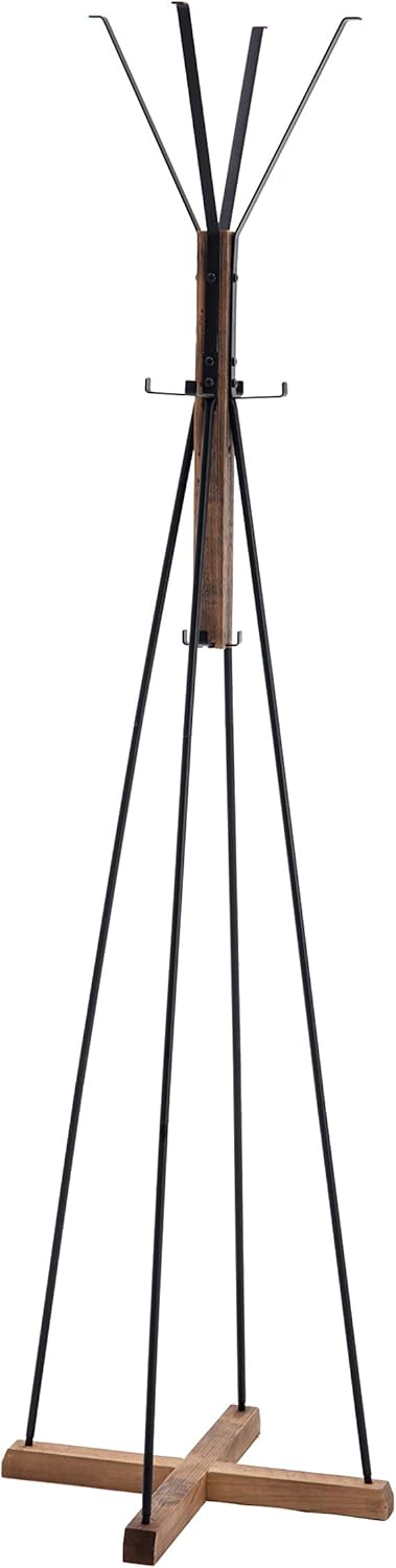 Benjara 8 Hook Wood and Metal Coat Rack with Cross Base, Brown and Black