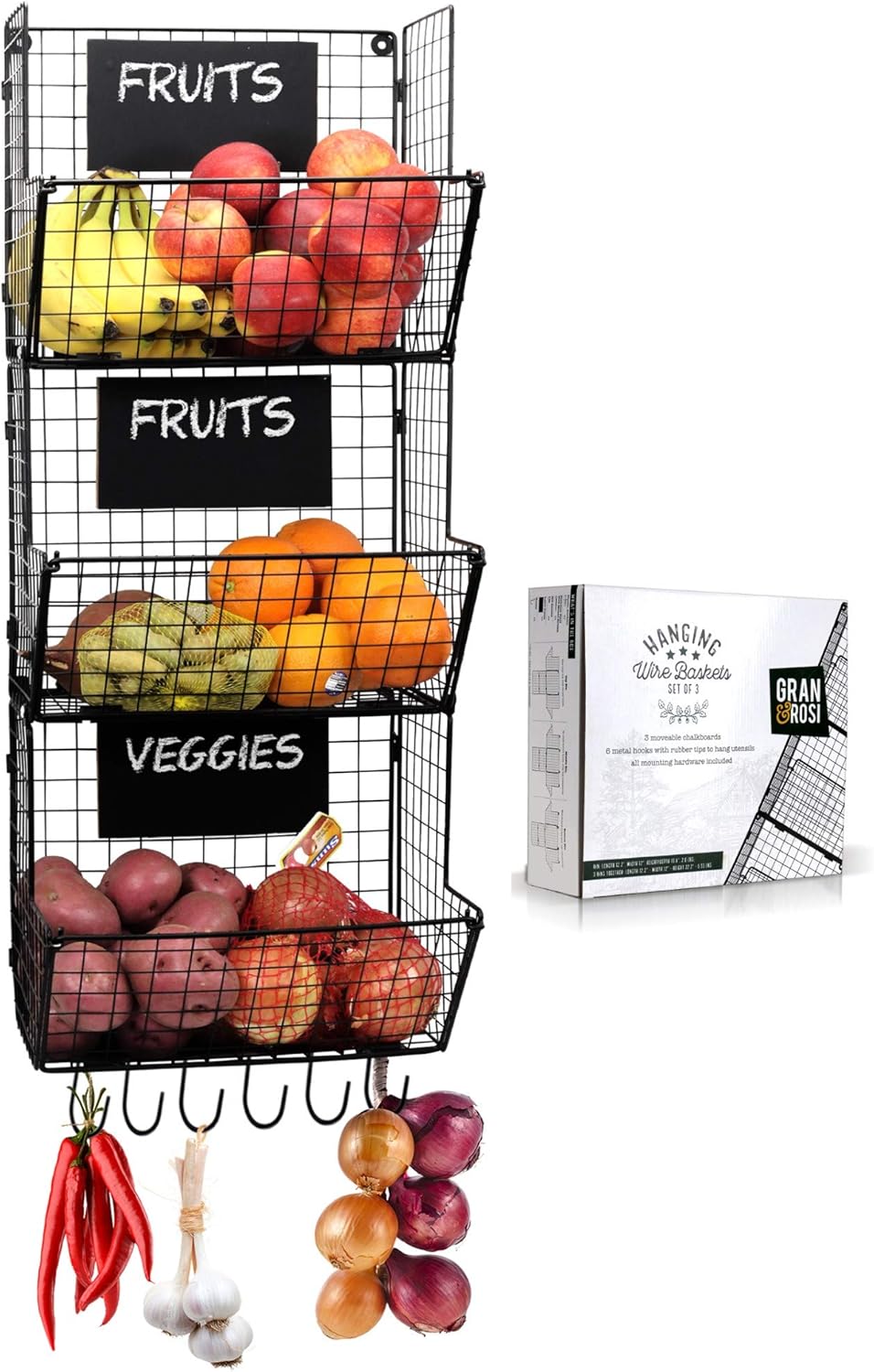 Granrosi Wall Mounted Fruits And Vegetable Wire Baskets Set of 3 For Potato And Onion Storage Pack of 2