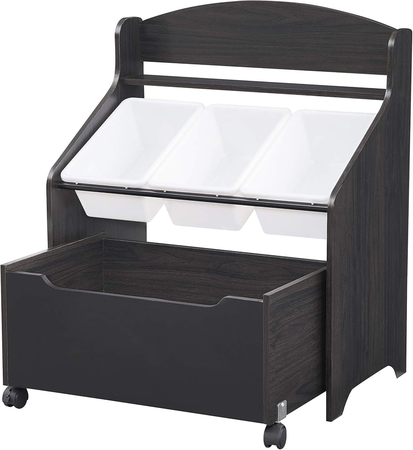 SweetGo Humble Crew Kid's Toy Organizer,Toy Shelf Storage Unit with Rolling Toy Box,3 Plastic Bins，1 Toy Box with Chalkboard Front (Eespresso) Pack of 2